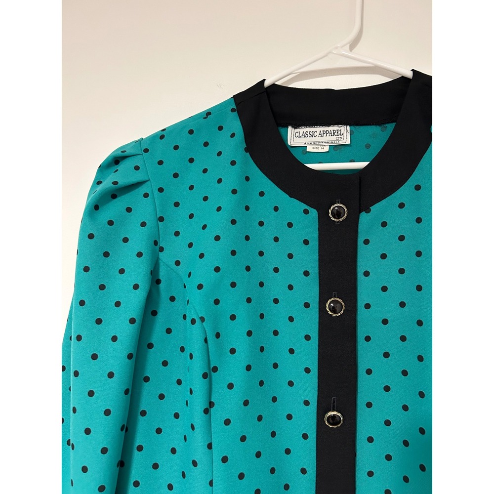 Classic Apparel Ltd 80s Vintage Teal Polka Dot Button Front Blazer Puff Shoulder - Picture 2 of 6